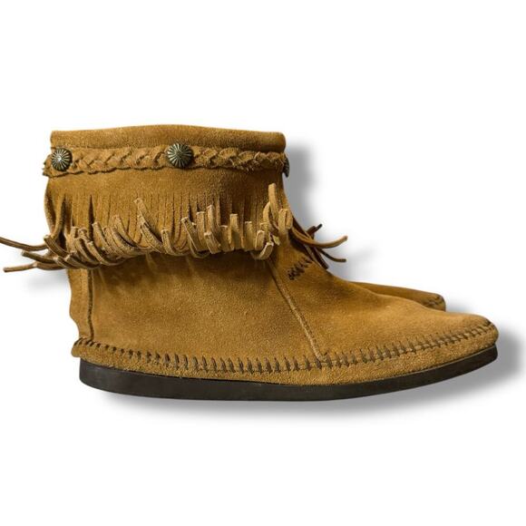 Minnetonka Moccasins Womens Tan Brown Suede Western Ankle Fringe Zip Back Size 9 - Picture 5 of 11